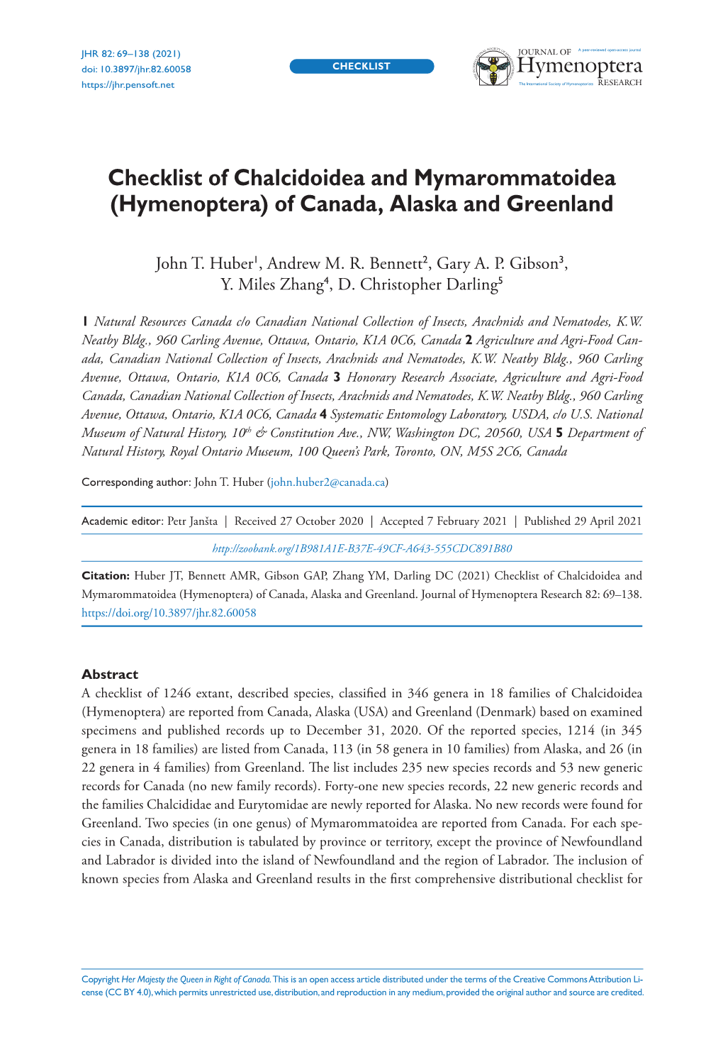 (Hymenoptera) of Canada, Alaska and Greenland