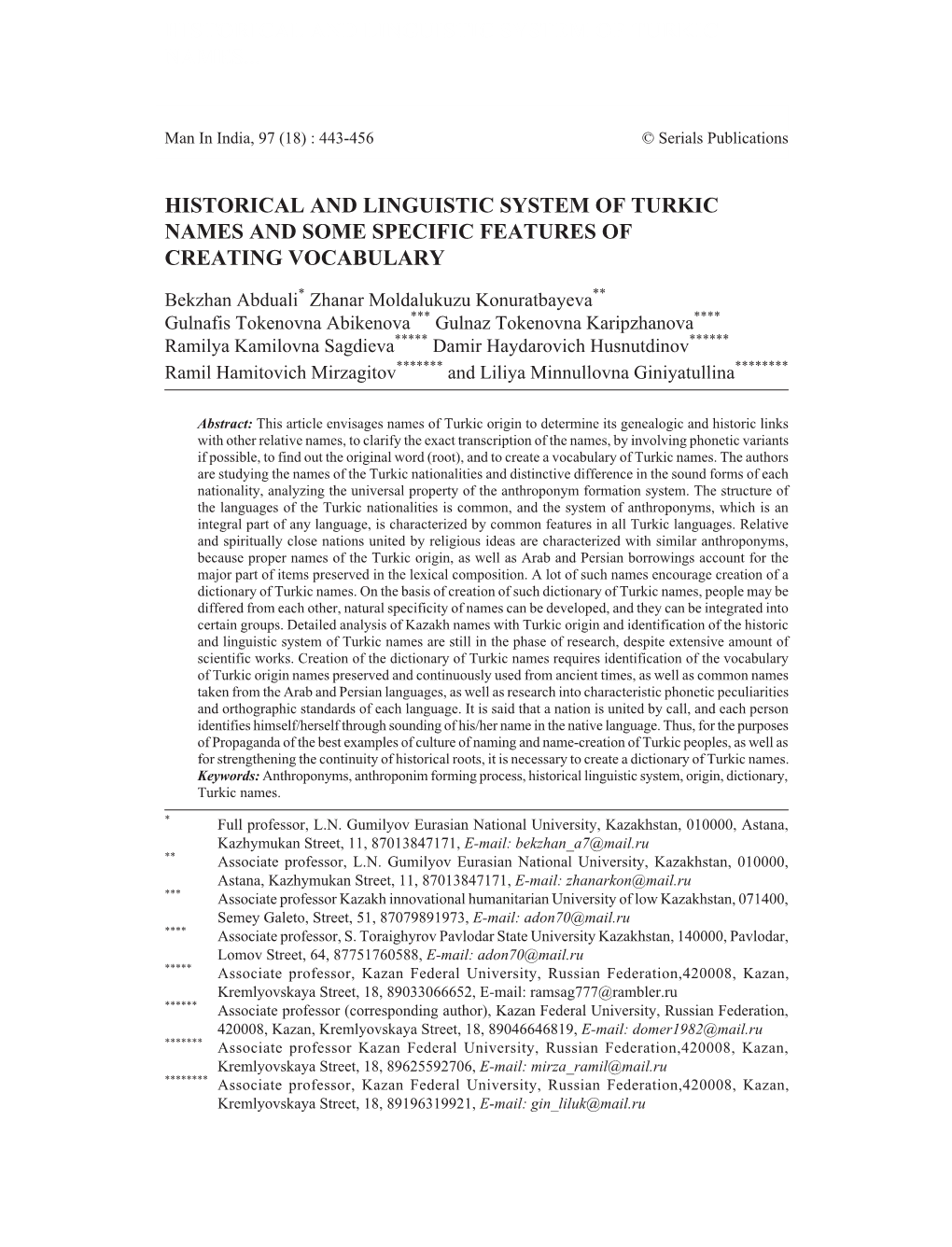 Historical and Linguistic System of Turkic Names and Some Specific Features of Creating Vocabulary