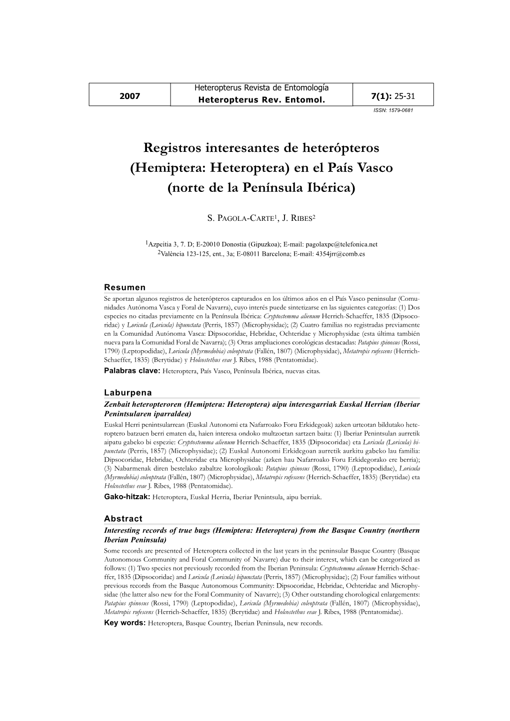 Registros Interesantes De Heterópteros (Hemiptera: Heteroptera) En El País Vasco (Norte De La Península Ibérica)