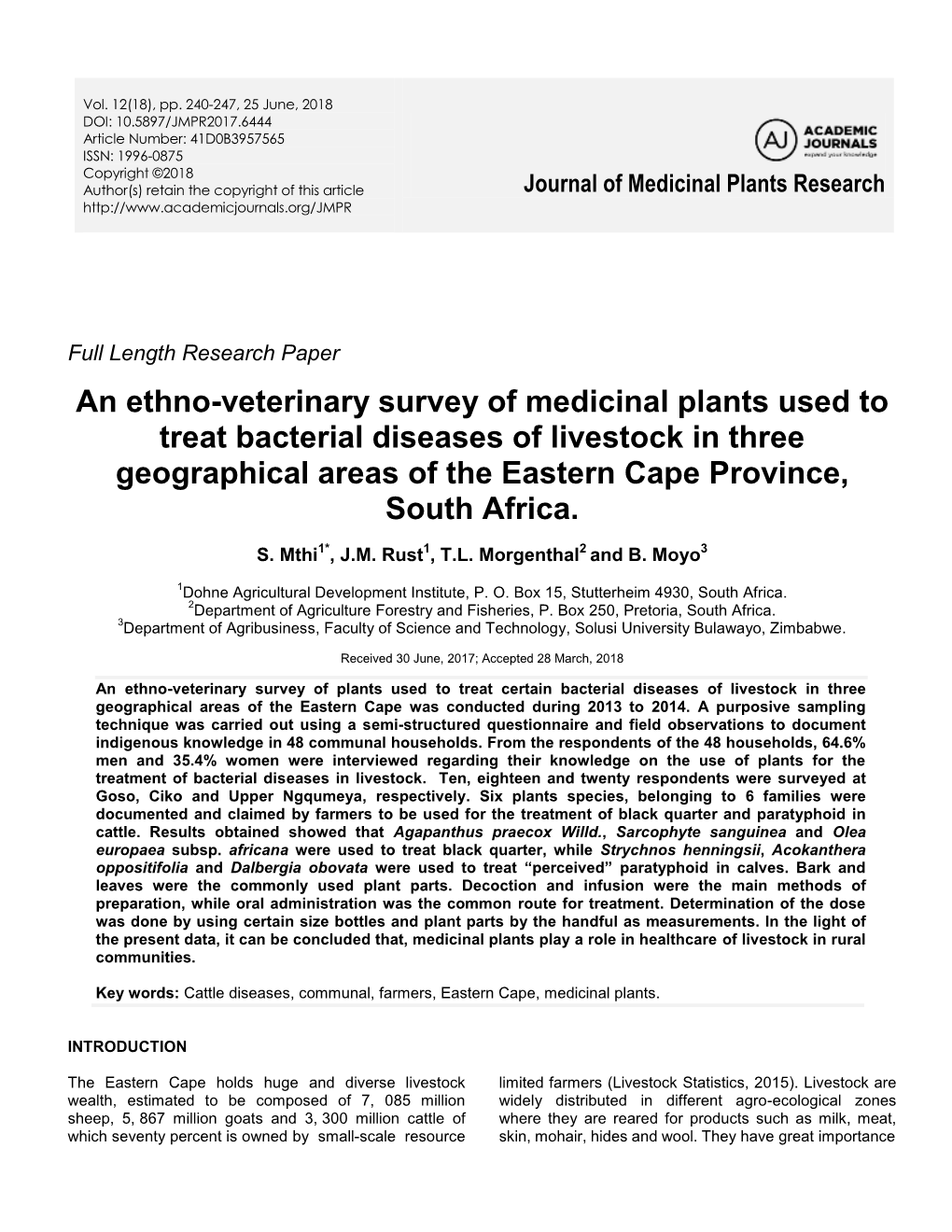 An Ethno-Veterinary Survey of Medicinal Plants Used to Treat Bacterial Diseases of Livestock in Three Geographical Areas of the Eastern Cape Province, South Africa