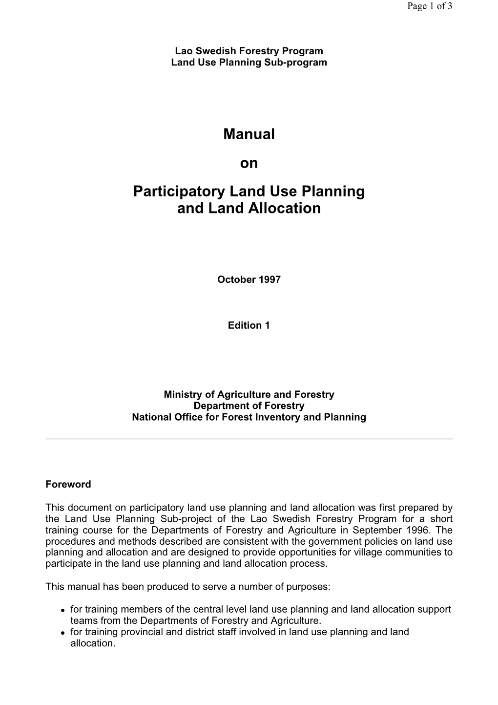 Manual on Participatory Land Use Planning and Land Allocation
