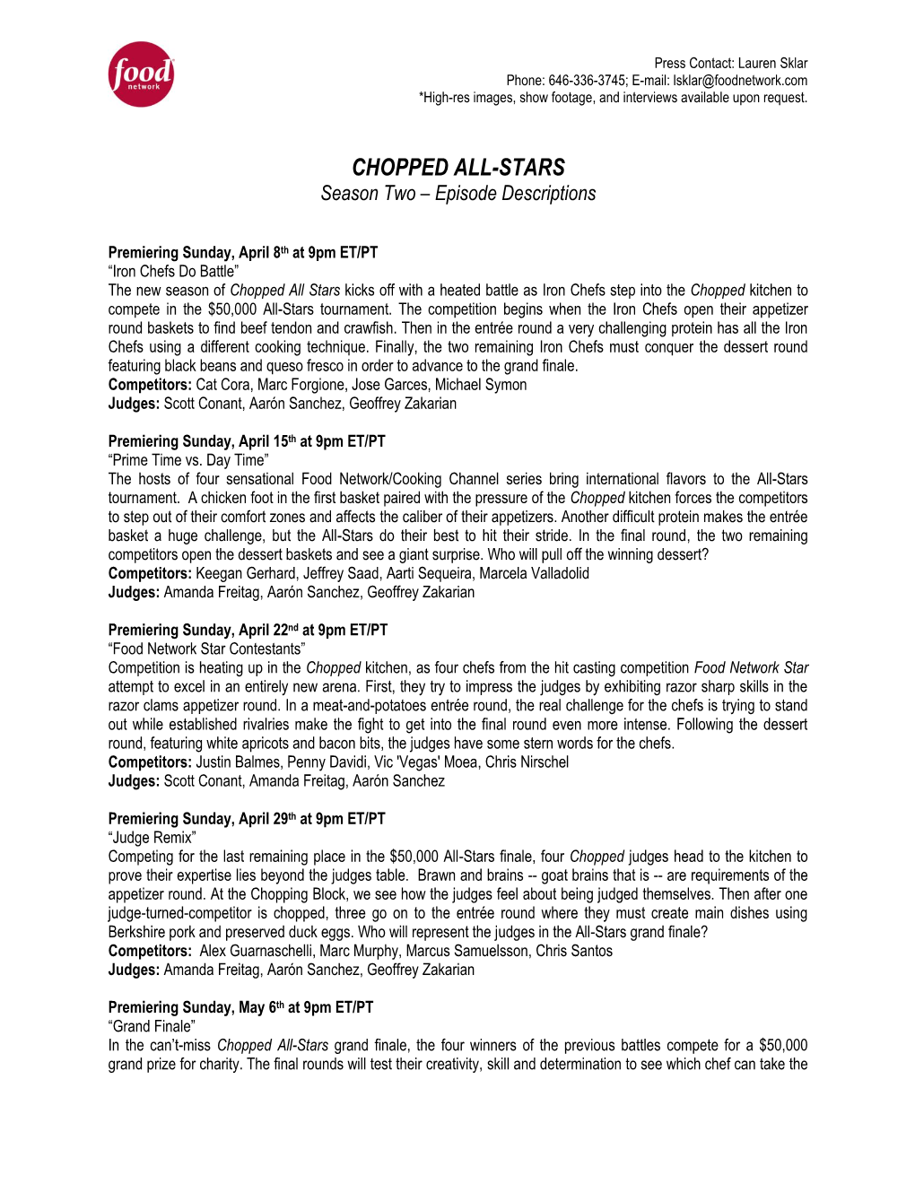 Chopped All-Stars Season Two Episode Descriptions