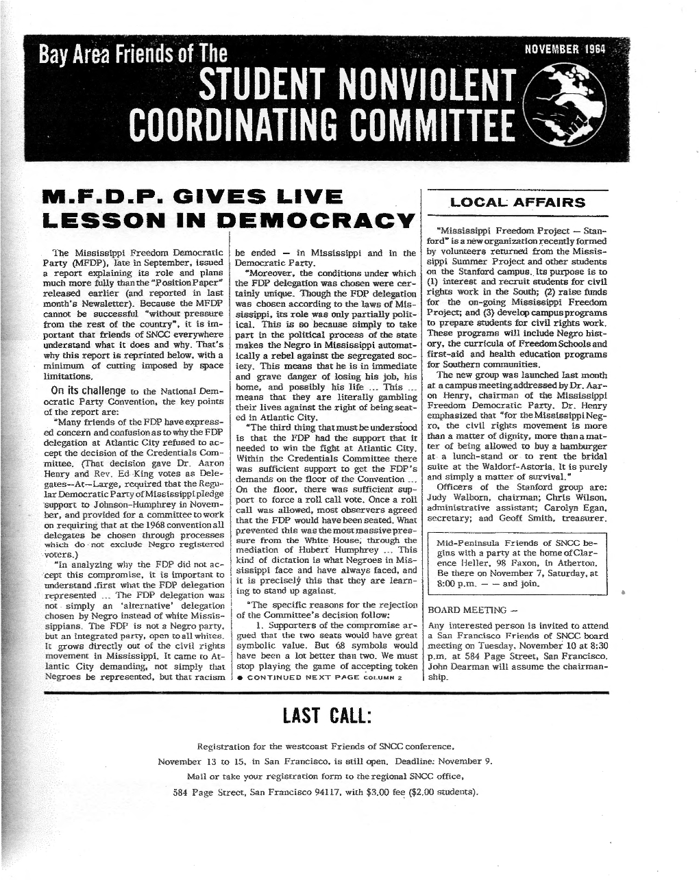 Bay Area Friends of SNCC Newsletter, November, 1964