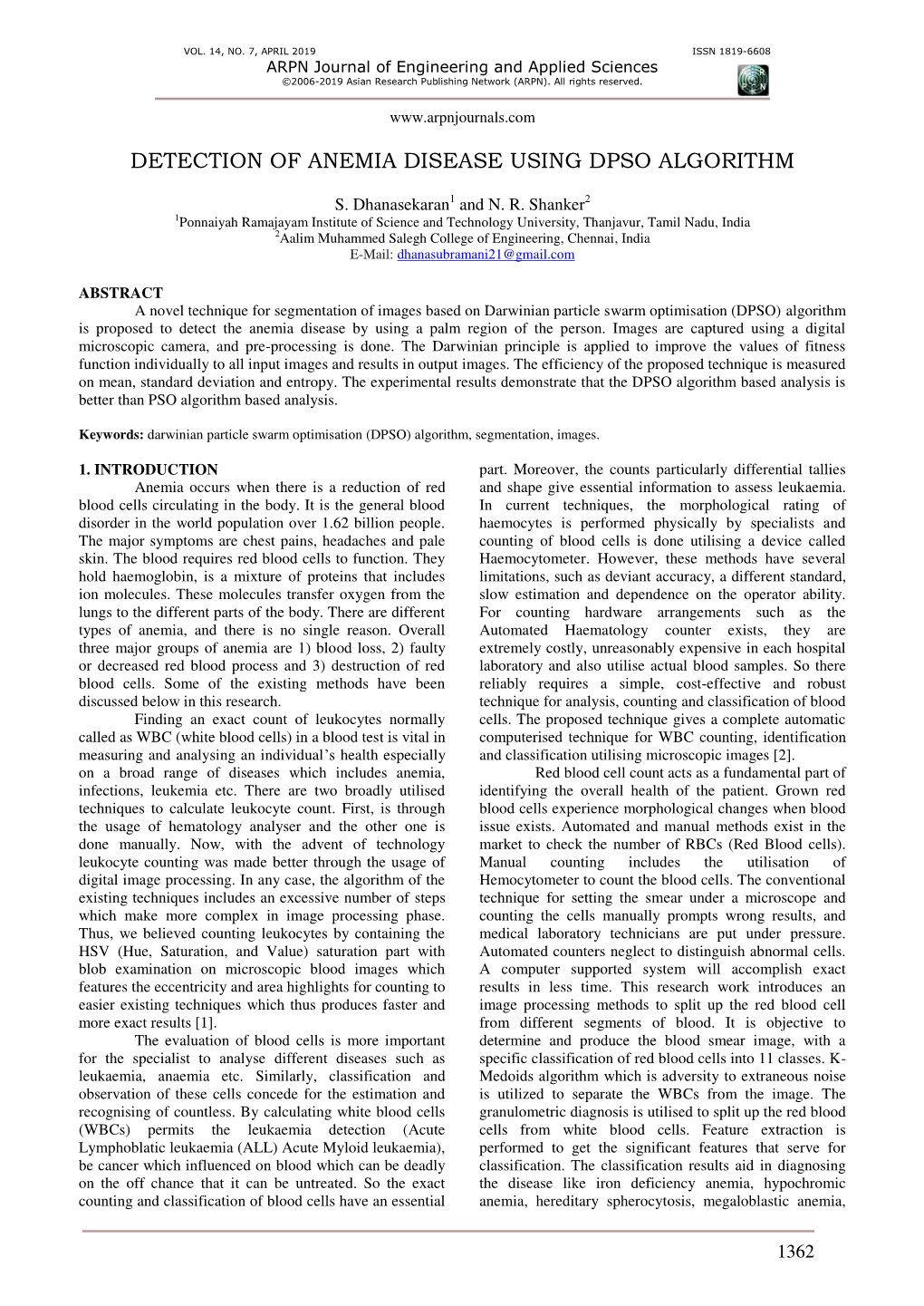 Detection of Anemia Disease Using Dpso Algorithm