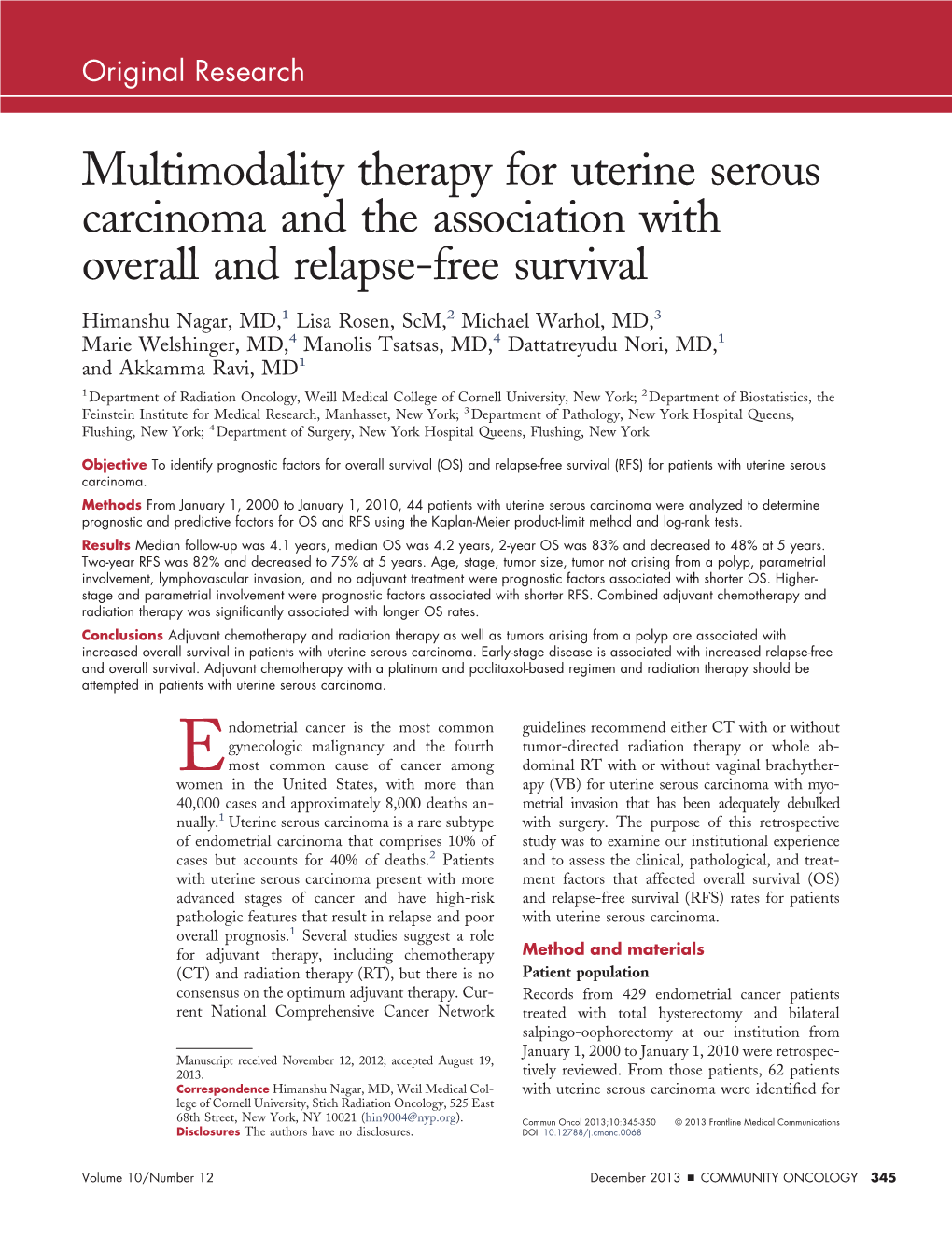 Multimodality Therapy for Uterine Serous Carcinoma and The