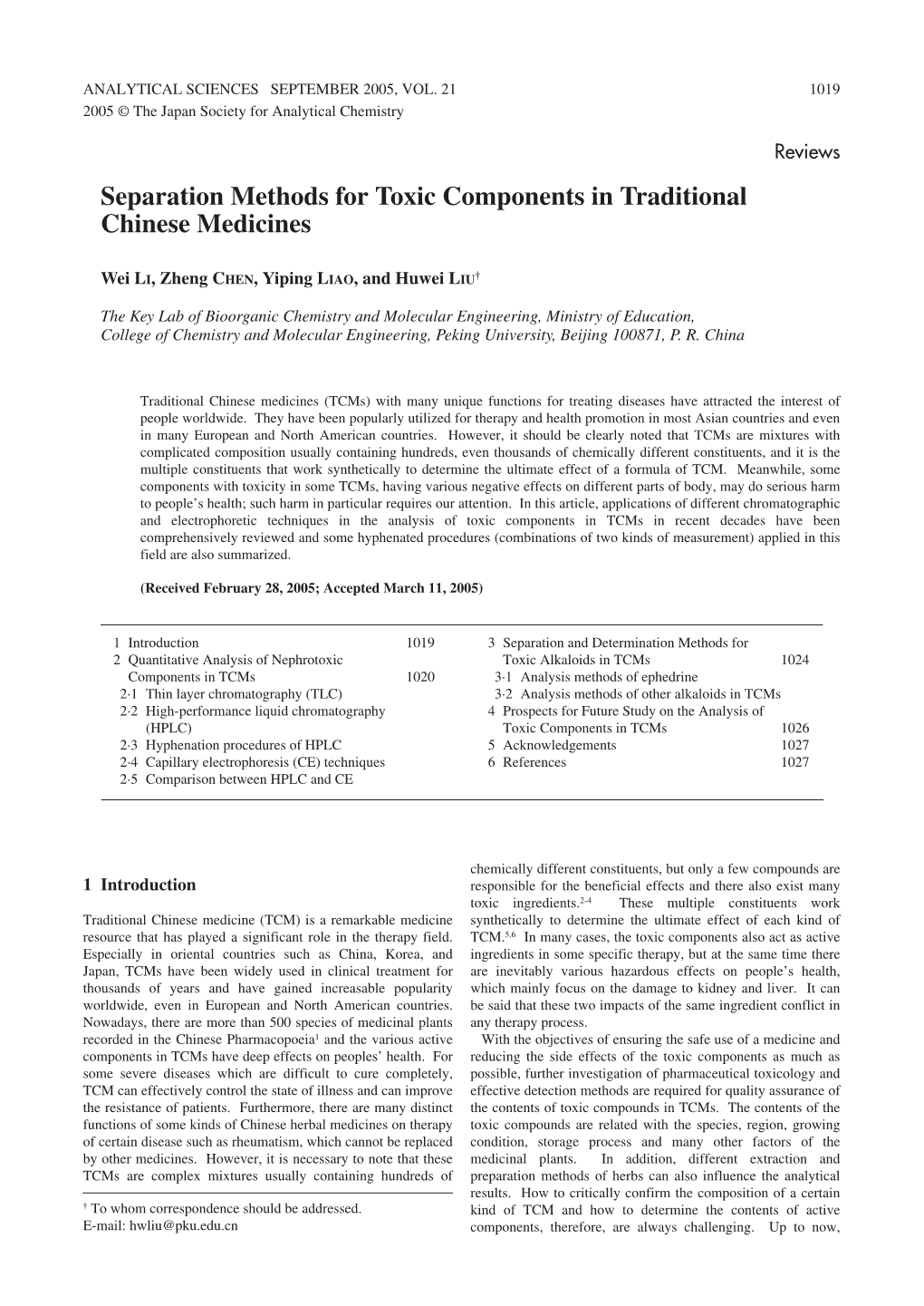 Separation Methods for Toxic Components in Traditional Chinese Medicines