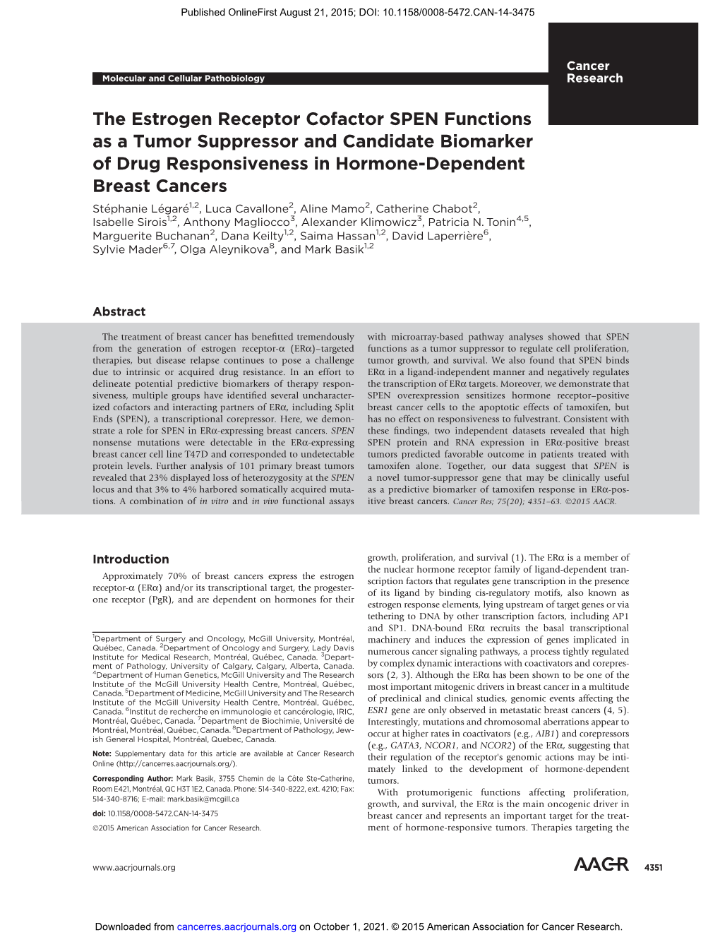 The Estrogen Receptor Cofactor SPEN Functions As a Tumor