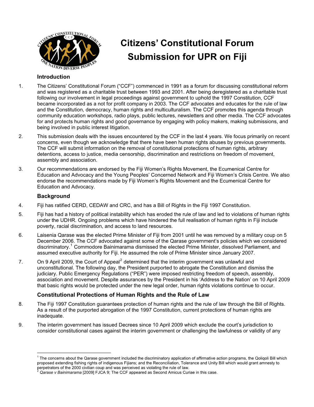 Citizens' Constitutional Forum Submission for UPR on Fiji