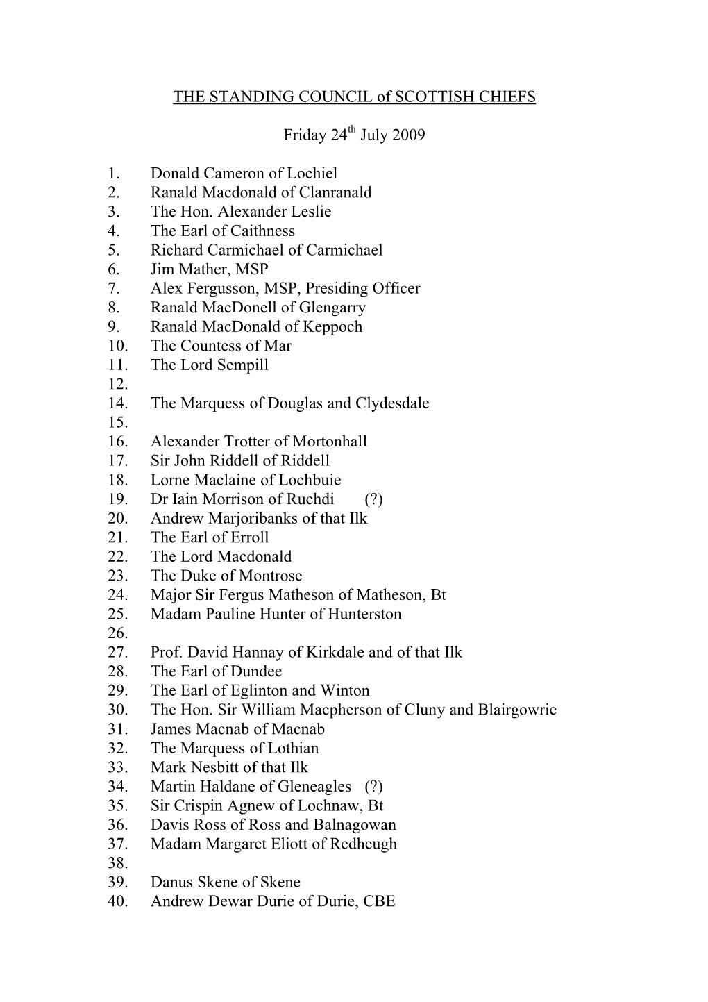 THE STANDING COUNCIL of SCOTTISH CHIEFS Friday 24Th