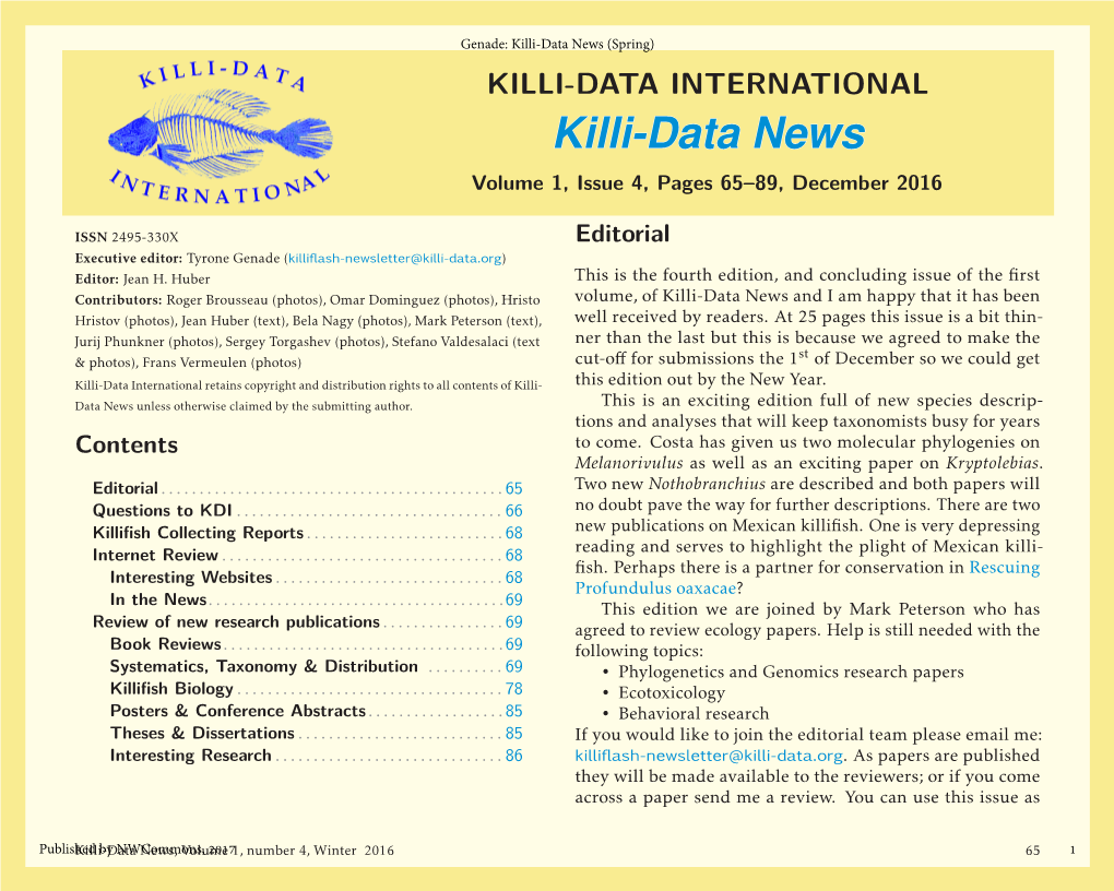 Killi-Data News (Spring) KILLI-DATA INTERNATIONAL Killi-Data News Volume 1, Issue 4, Pages 65–89, December 2016