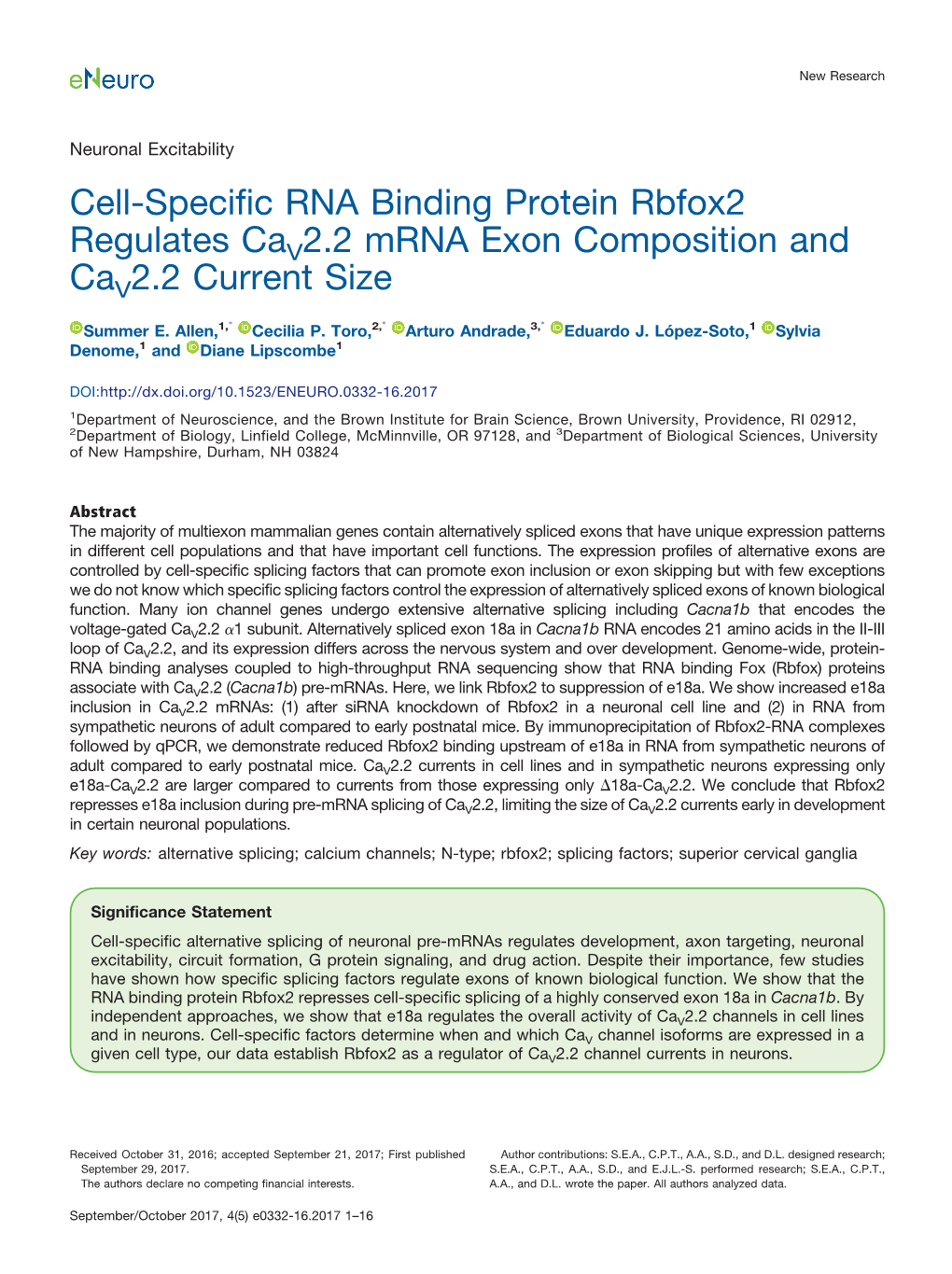 Cell-Specific RNA Binding Protein Rbfox2 Regulates Cav2.2 Mrna Exon Composition and Cav2.2 Current Size