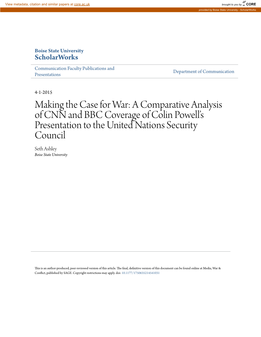 Making the Case for War: a Comparative Analysis of CNN and BBC Coverage of Colin Powell's Presentation to the United Nations S