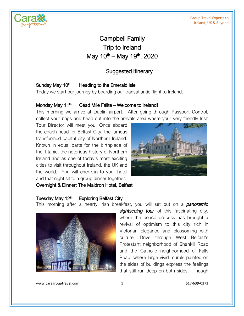 Campbell Family Trip to Ireland May 10Th – May 19Th, 2020