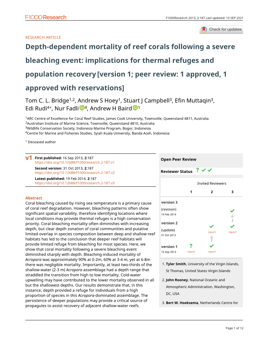 Depth-Dependent Mortality of Reef Corals Following A