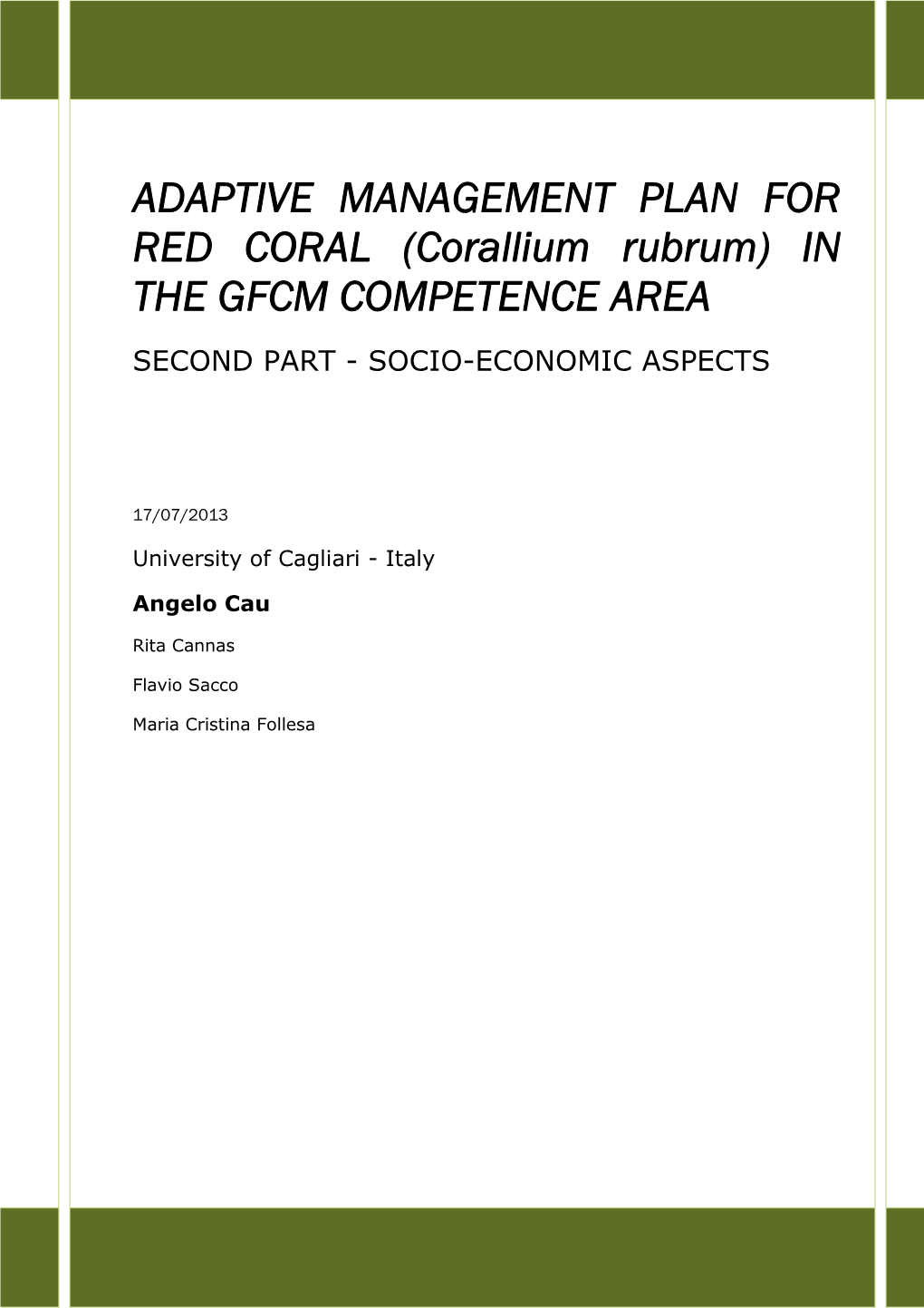 ADAPTIVE MANAGEMENT PLAN for RED CORAL (Corallium Rubrum) in the GFCM COMPETENCE AREA