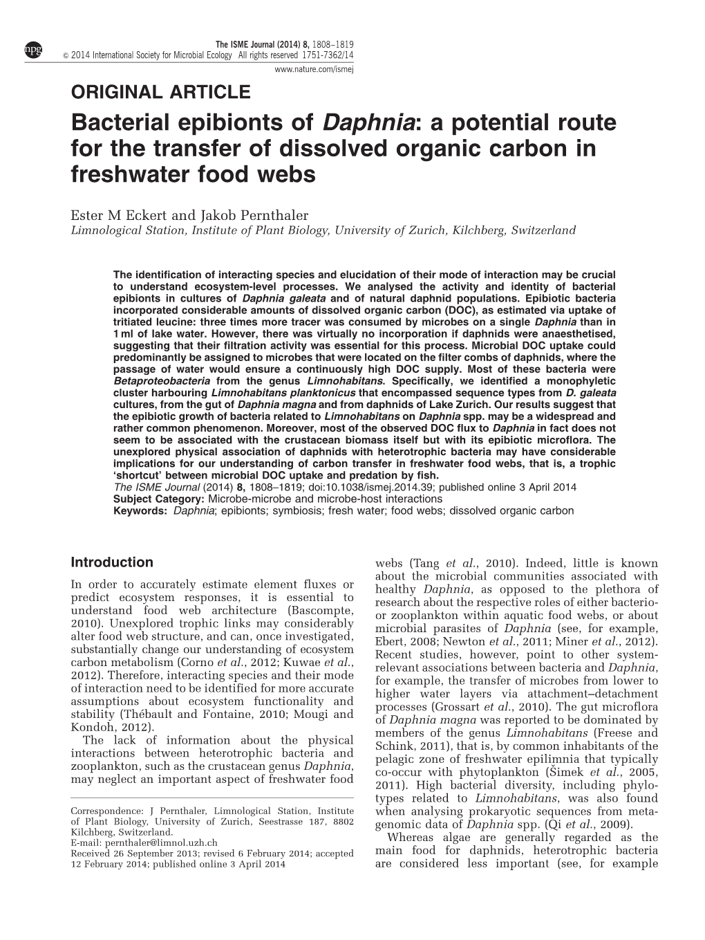 Bacterial Epibionts of Daphnia: a Potential Route for the Transfer of Dissolved Organic Carbon in Freshwater Food Webs