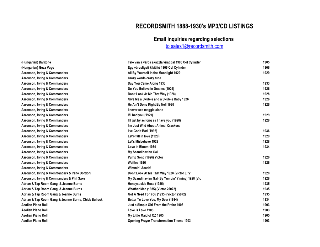 RECORDSMITH 1888-1930'S MP3/CD LISTINGS