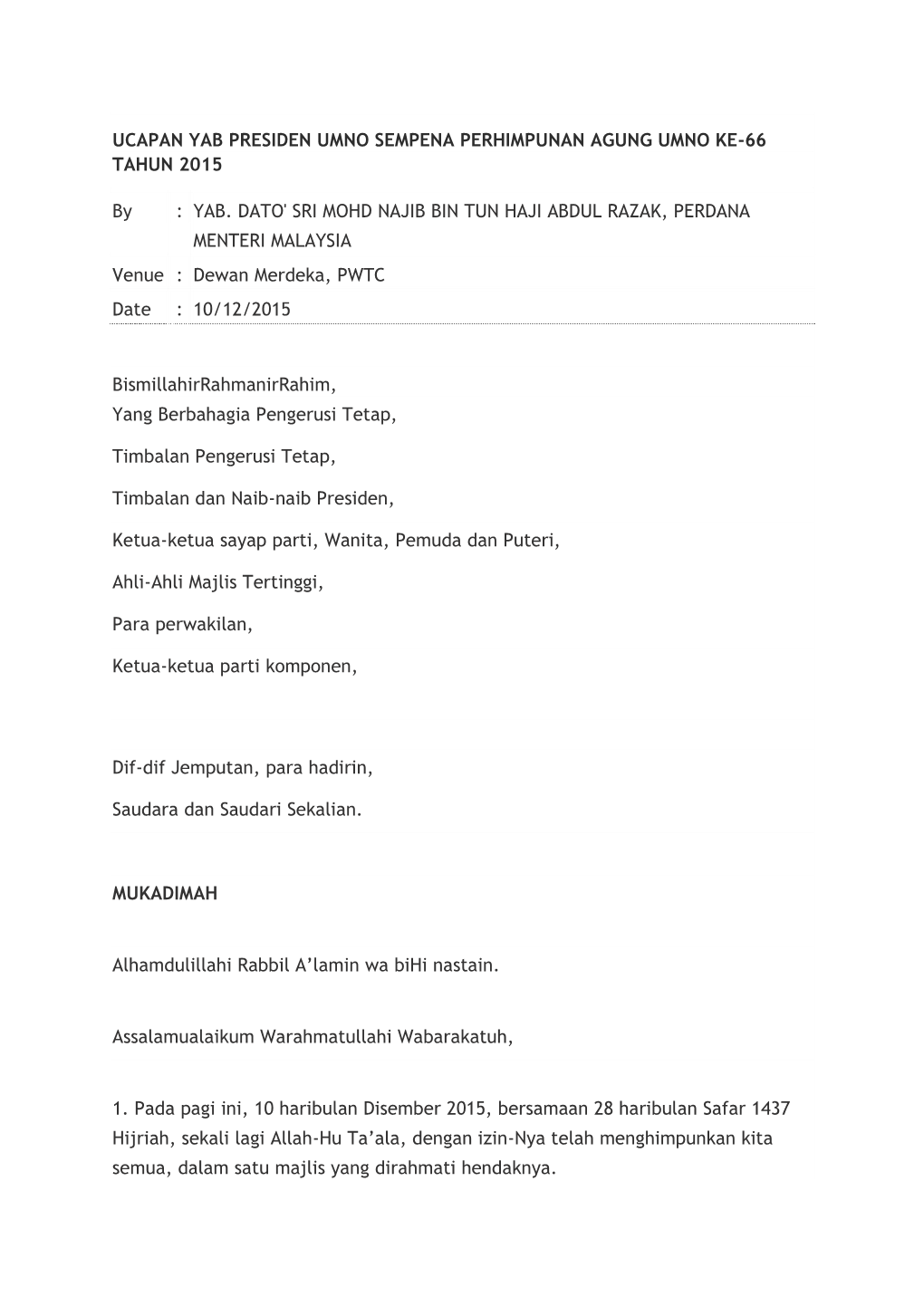 Ucapan Yab Presiden Umno Sempena Perhimpunan Agung Umno Ke-66 Tahun 2015