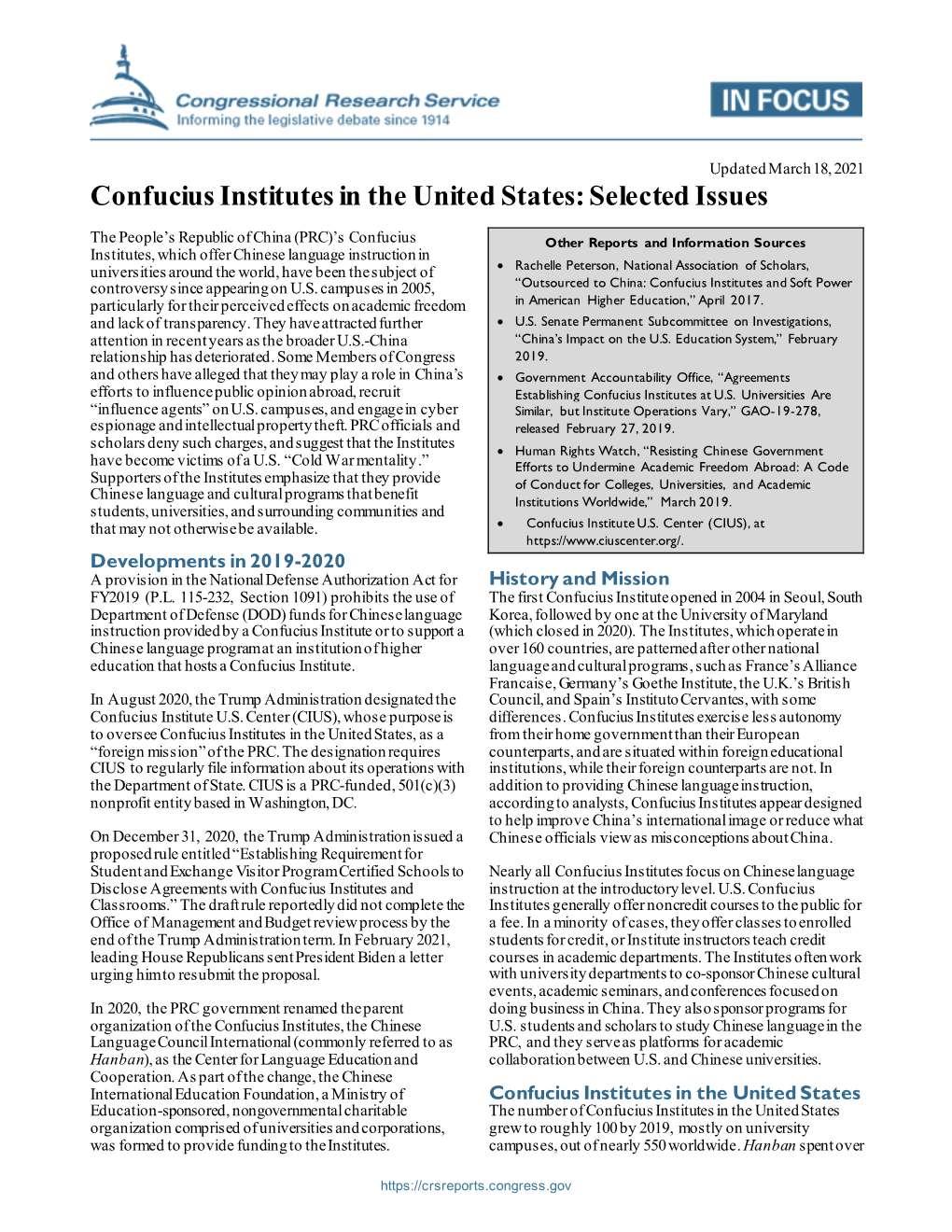 Confucius Institutes in the United States: Selected Issues