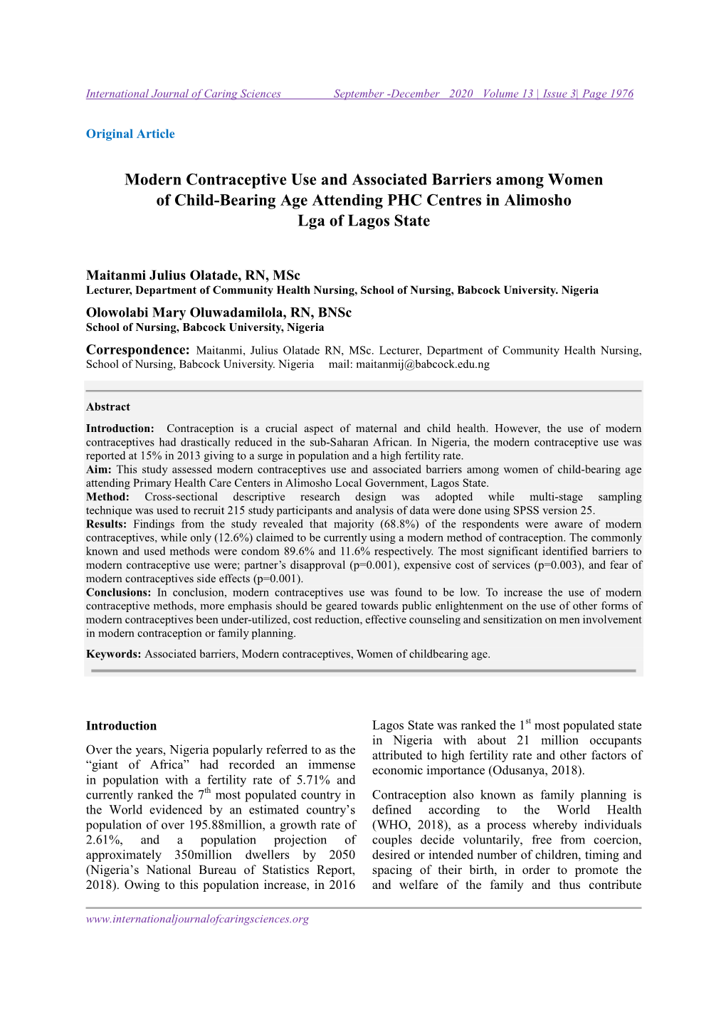 Modern Contraceptive Use and Associated Barriers Among Women of Child-Bearing Age Attending PHC Centres in Alimosho Lga of Lagos State