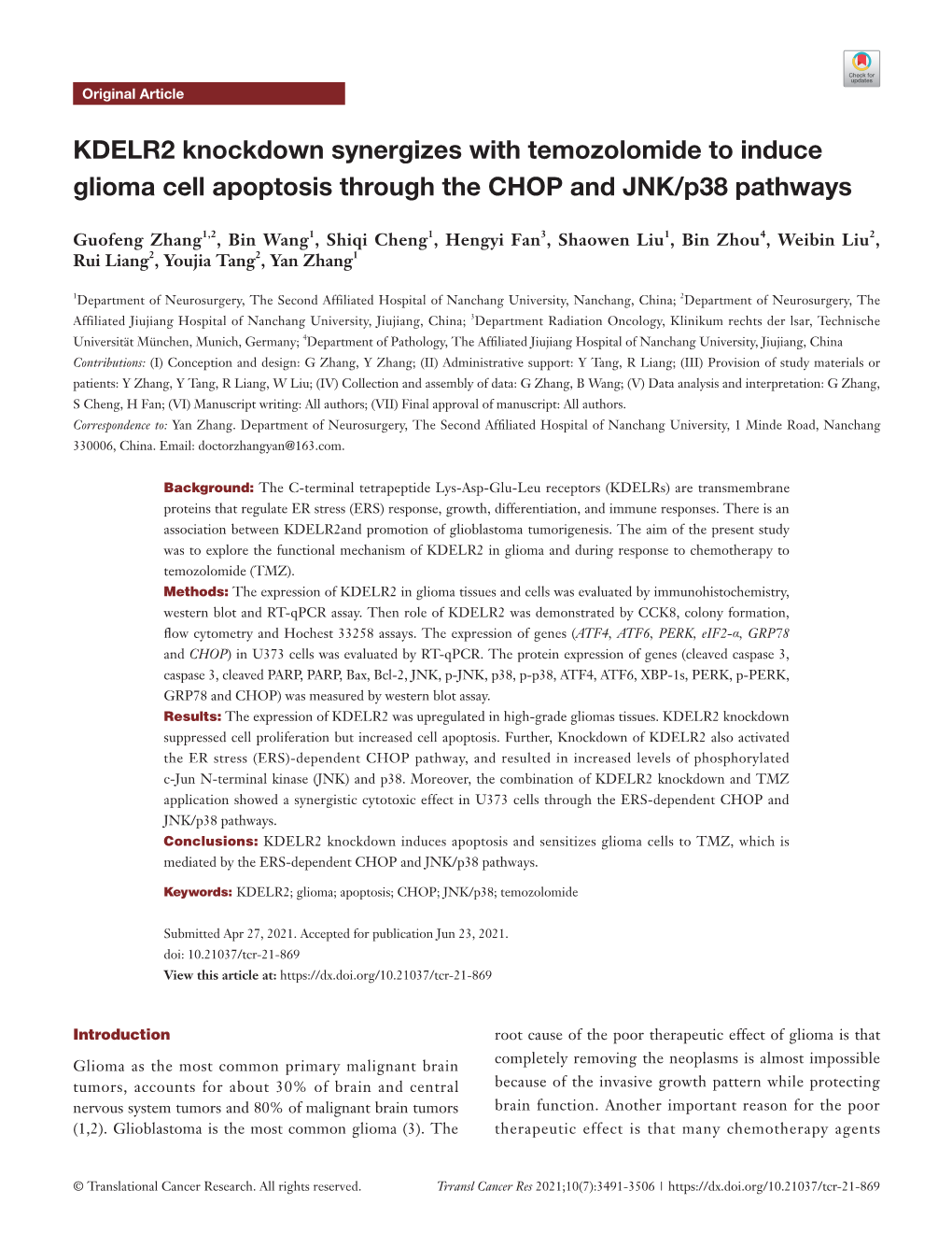 KDELR2 Knockdown Synergizes with Temozolomide to Induce Glioma Cell Apoptosis Through the CHOP and JNK/P38 Pathways