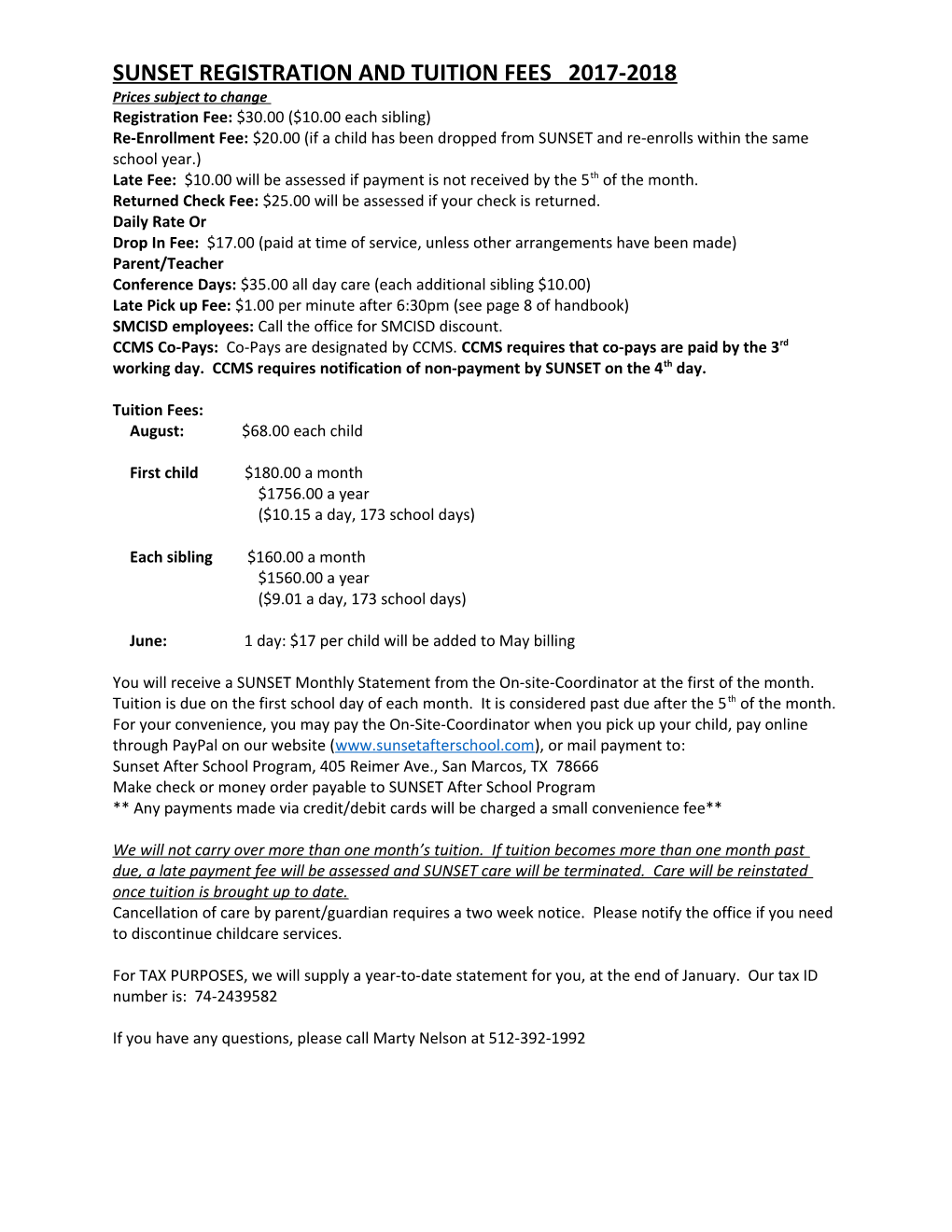 Sunset Registration and Tuition Fees 2012-2013