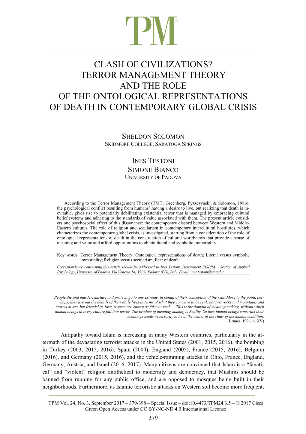 Terror Management Theory and the Role of the Ontological Representations of Death in Contemporary Global Crisis