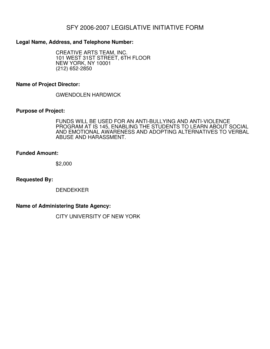 Sfy 2006-2007 Legislative Initiative Form