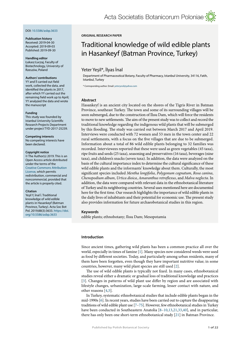 Traditional Knowledge of Wild Edible Plants in Hasankeyf (Batman