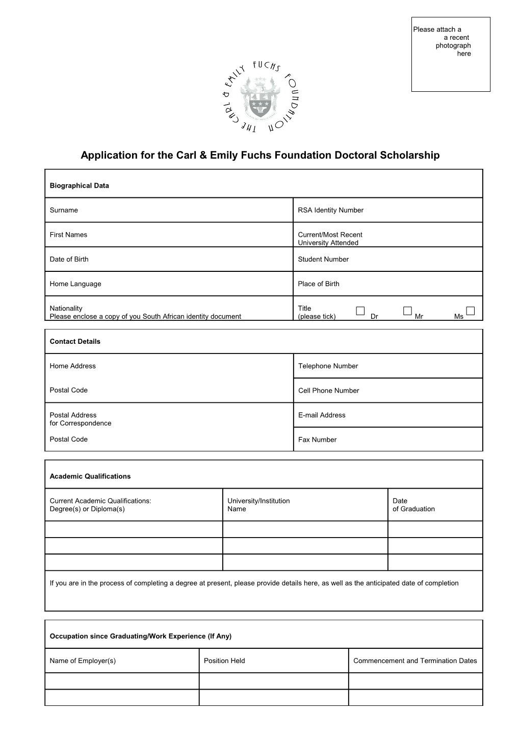 Application for the Carl & Emily Fuchs Foundation Doctoral Scholarship