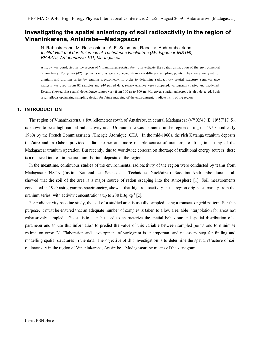 Investigating the Spatial Anisotropy of Soil Radioactivity in the Region of Vinaninkarena, Antsirabe—Madagascar N