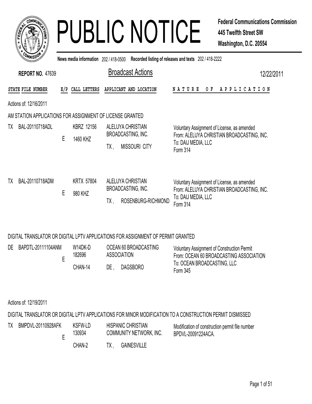 Broadcast Actions 12/22/2011