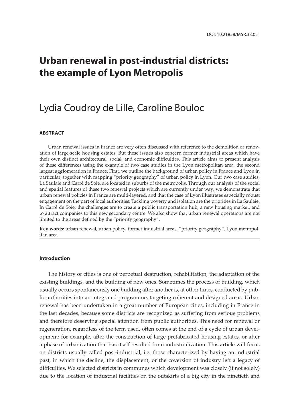 THE EXAMPLE of LYON METROPOLIS Lydia Coudroy De Lille, Caroline Bouloc