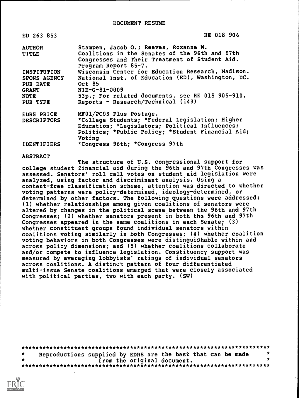 Coalitions in the Senates of the 96Th and 97Th Congresses and Their Treatment of Student Aid