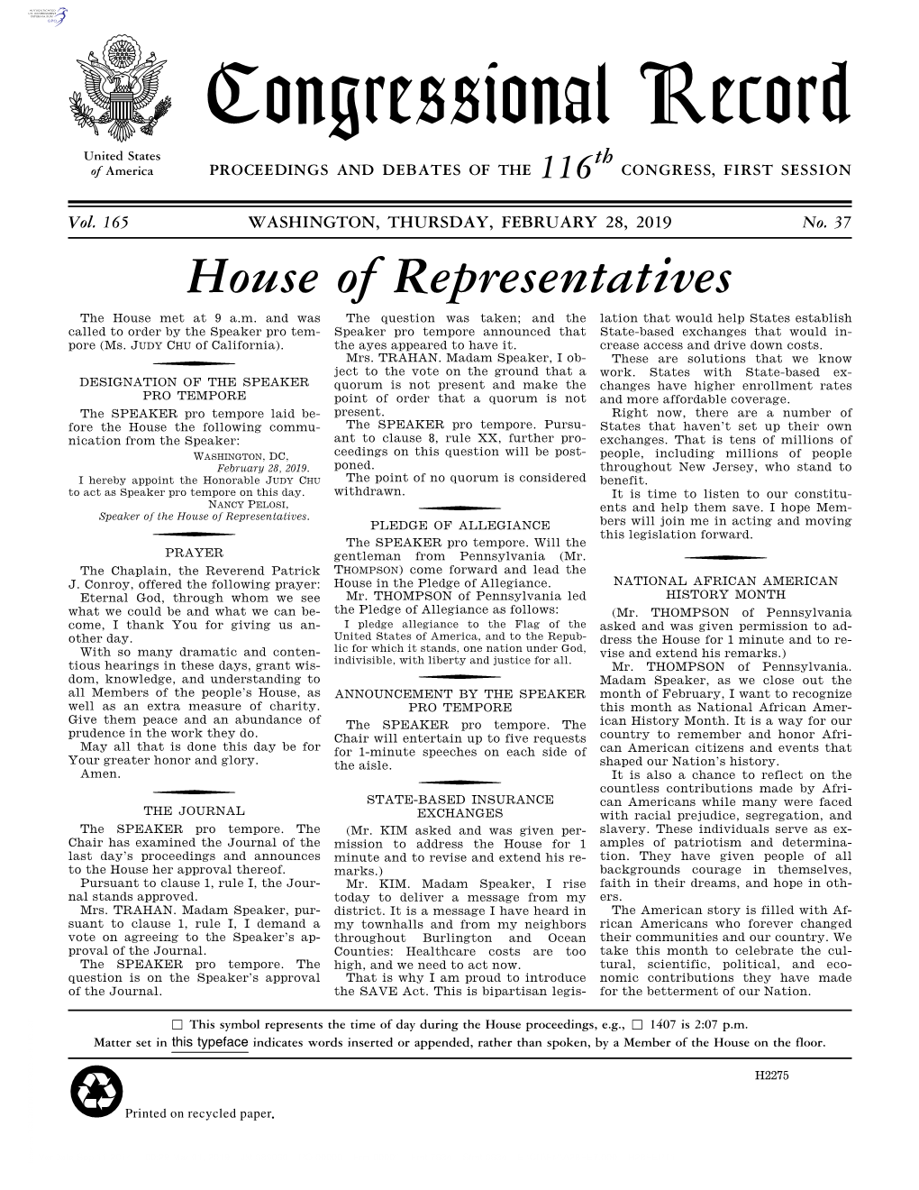 Congressional Record United States Th of America PROCEEDINGS and DEBATES of the 116 CONGRESS, FIRST SESSION