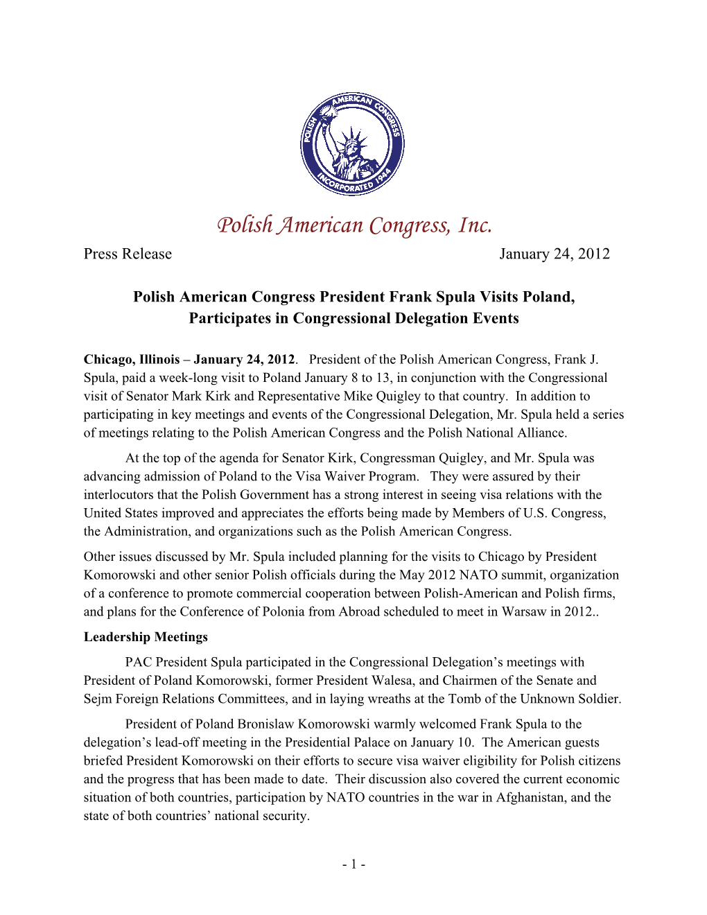 Polish American Congress, Inc. Press Release January 24, 2012