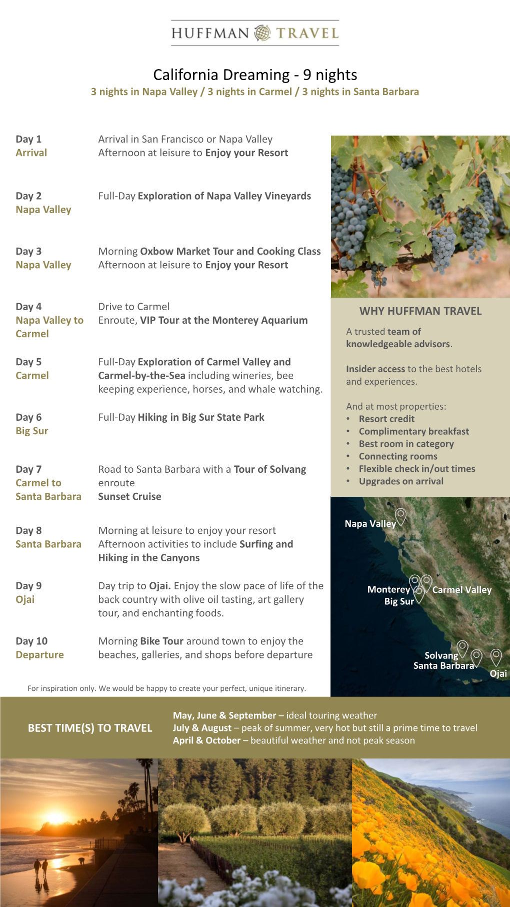 California Dreaming - 9 Nights 3 Nights in Napa Valley / 3 Nights in Carmel / 3 Nights in Santa Barbara