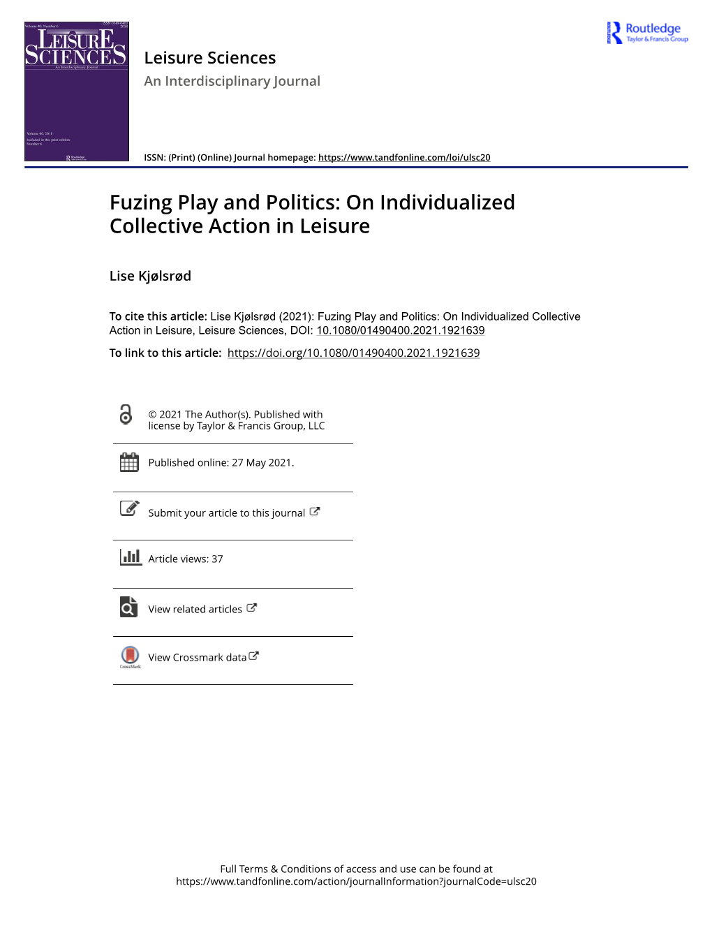 Fuzing Play and Politics: on Individualized Collective Action in Leisure