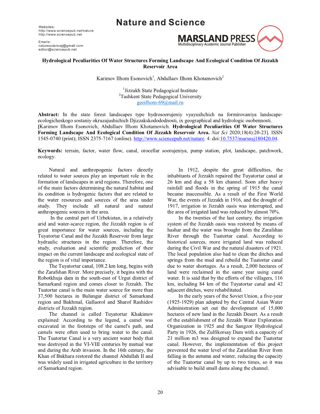 20 Hydrological Peculiarities of Water Structures Forming Landscape And