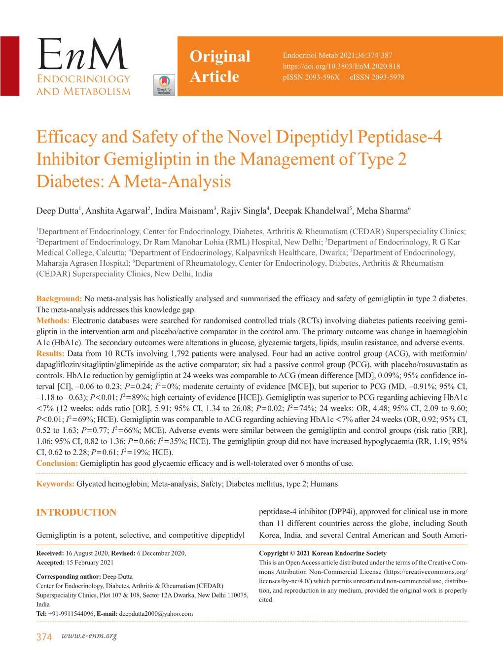 Efficacy and Safety of the Novel Dipeptidyl Peptidase-4 Inhibitor Gemigliptin in the Management of Type 2 Diabetes: a Meta-Analysis
