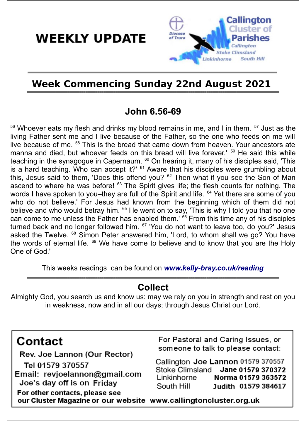 Week Commencing Sunday 22Nd August 2021 John 6.56-69 Collect