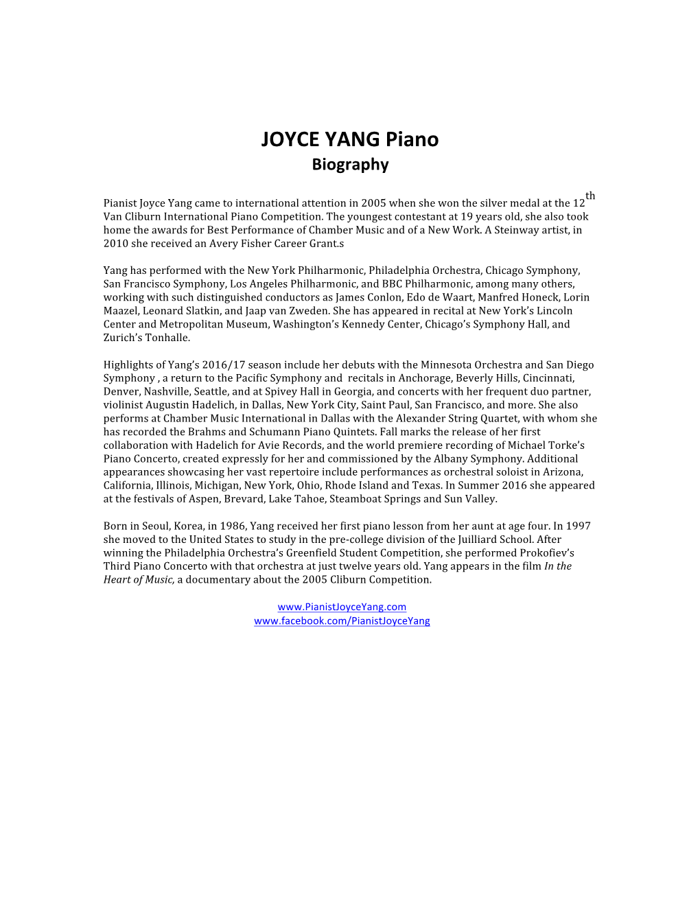 JOYCE YANG Piano Biography