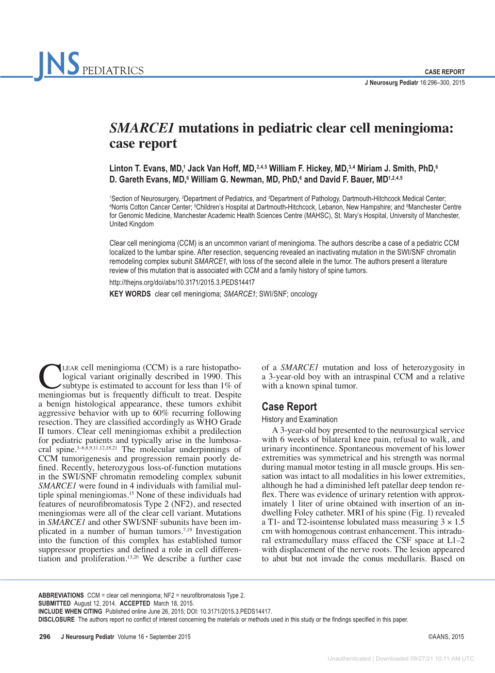 SMARCE1 Mutations in Pediatric Clear Cell Meningioma: Case Report