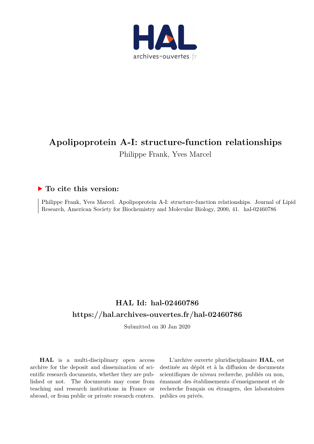 Apolipoprotein A-I: Structure-Function Relationships Philippe Frank, Yves Marcel