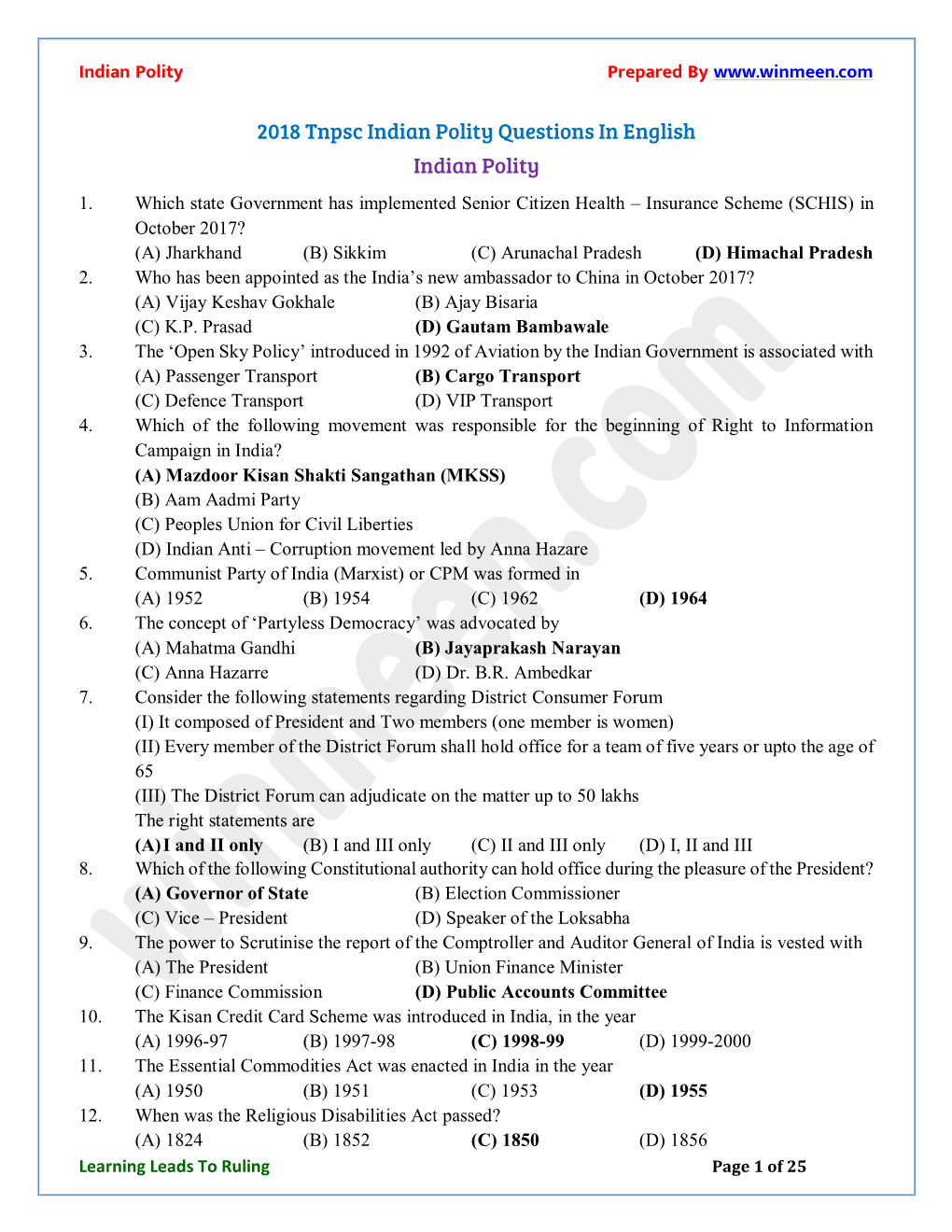 2018 Tnpsc Indian Polity Questions in English Indian Polity 1