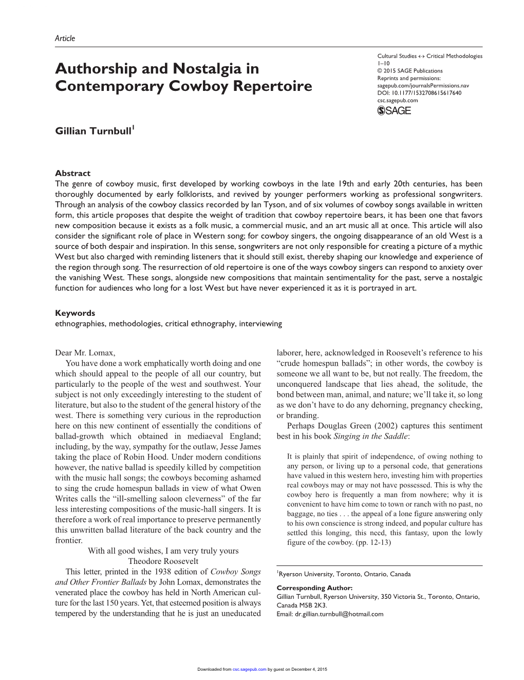 Authorship and Nostalgia in Contemporary Cowboy Repertoire