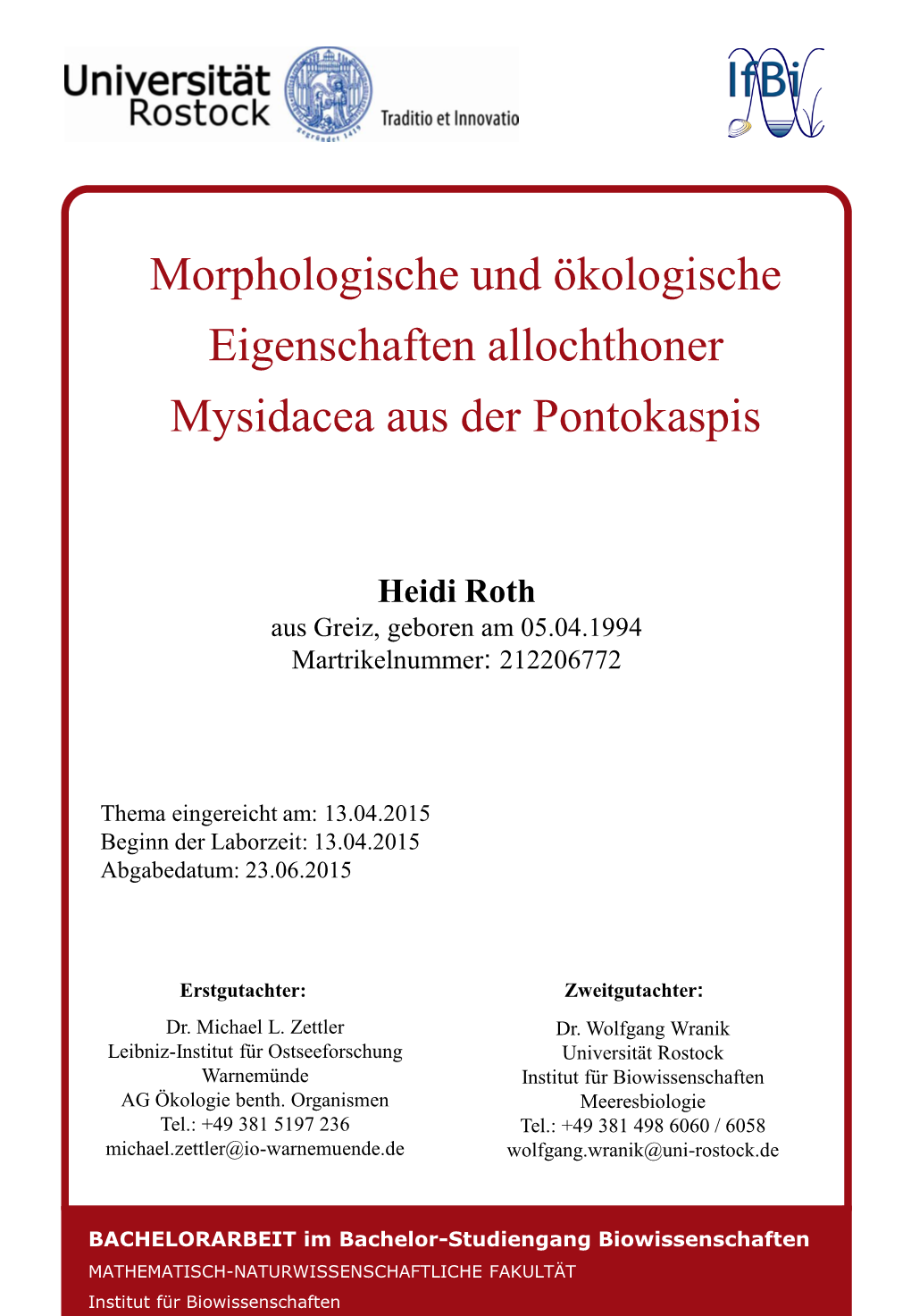 Morphologische Und Ökologische Eigenschaften Allochthoner Mysidacea Aus Der Pontokaspis