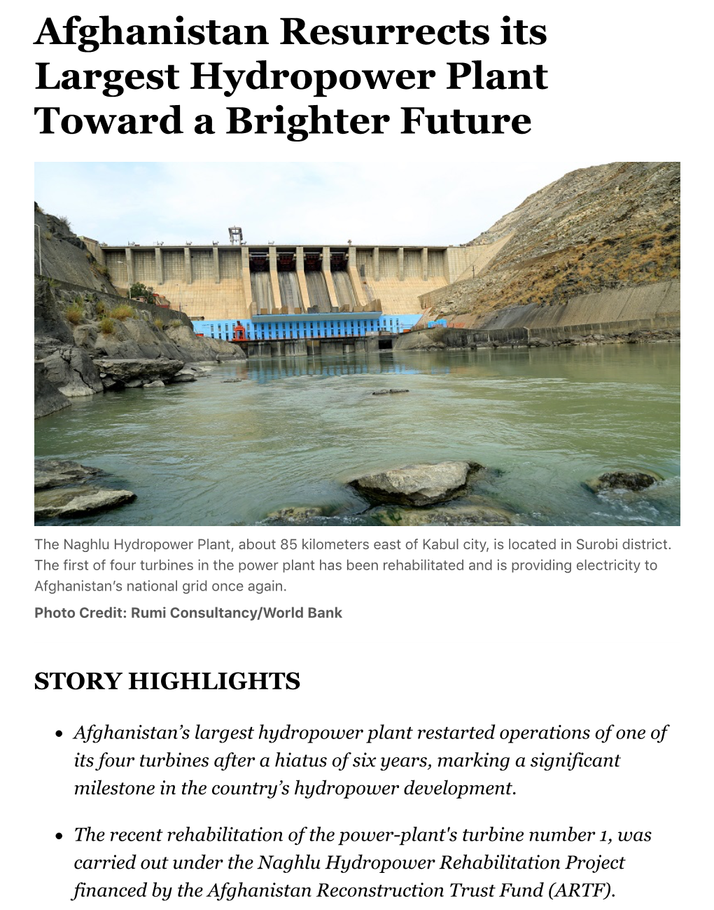 Afghanistan Resurrects Its Largest Hydropower Plant Toward a Brighter Future