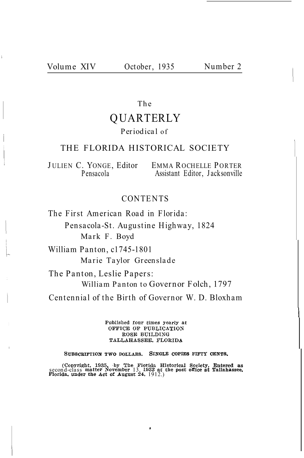 QUARTERLY Periodical of the FLORIDA HISTORICAL SOCIETY