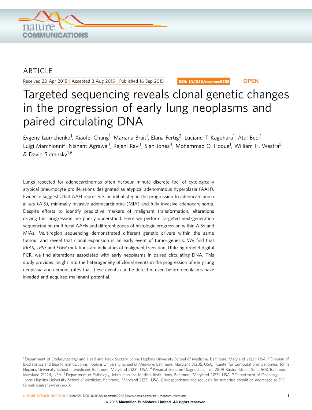 Targeted Sequencing Reveals Clonal Genetic Changes in the Progression of Early Lung Neoplasms and Paired Circulating DNA